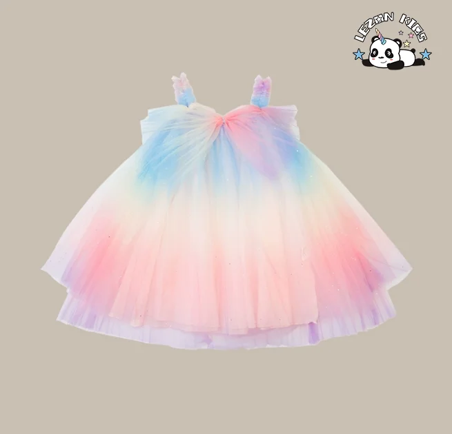 LEZONKIDS - Spaghetti Strap Girl Summer Kids Dress With Bow Tulle Tutu Straight Dresses
